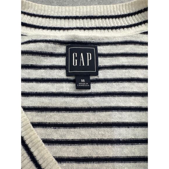 GAP Factory Stripe Linen-Blend V-Neck Sweater – White/Navy Stripe (Size M) - Picture 4 of 8
